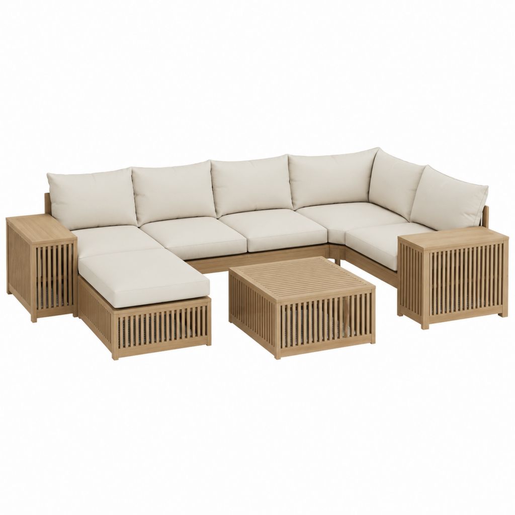 4-teiliges Gartenlounge-Set aus massivem Akazienholz in Natur mit cremefarbenen Polyesterkissen L-Form 300 x 230 x 75 cm