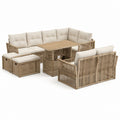 6-teiliges Gartenlounge-Set Natur Beige aus Akazienholz und Polypropylen-Seilgeflecht mit Ecksofa Tisch Sesseln Hockern 280 x 210 cm