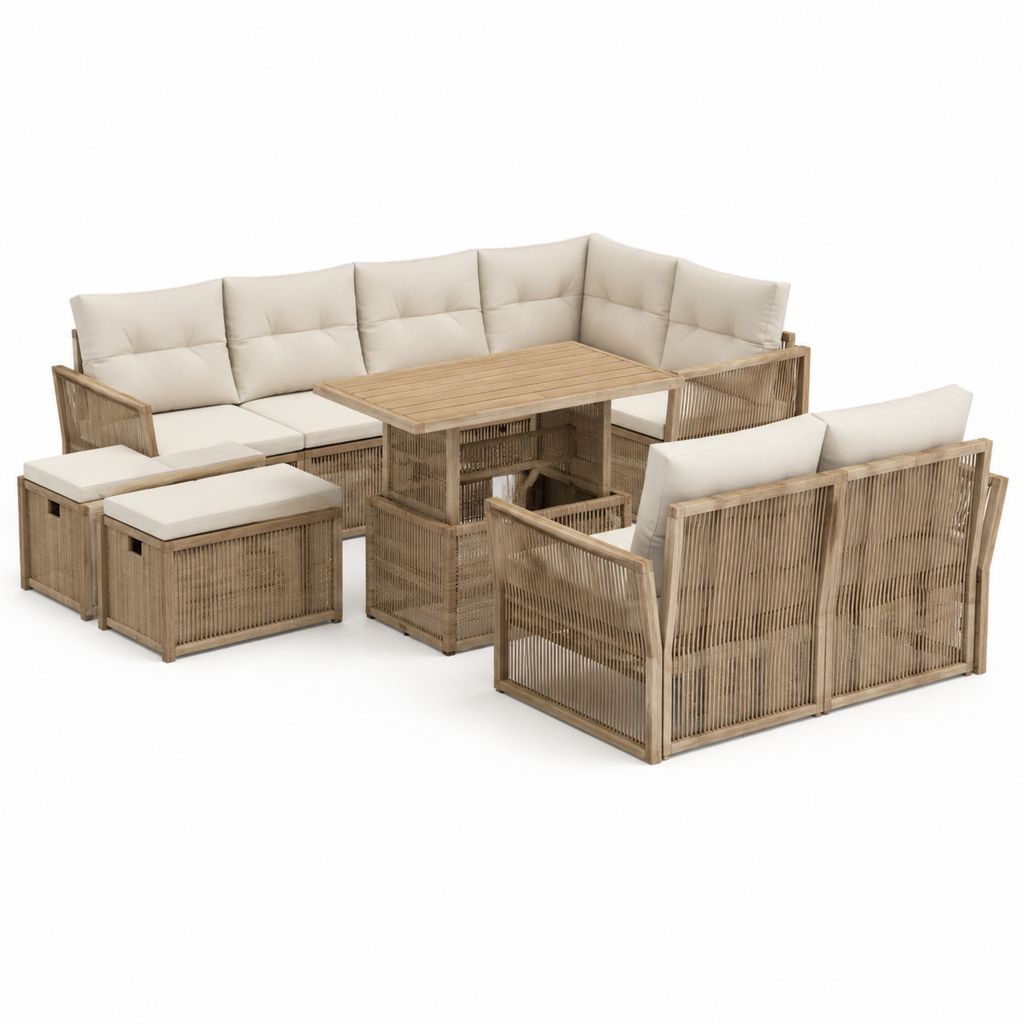 6-teiliges Gartenlounge-Set Natur Beige aus Akazienholz und Polypropylen-Seilgeflecht mit Ecksofa Tisch Sesseln Hockern 280 x 210 cm