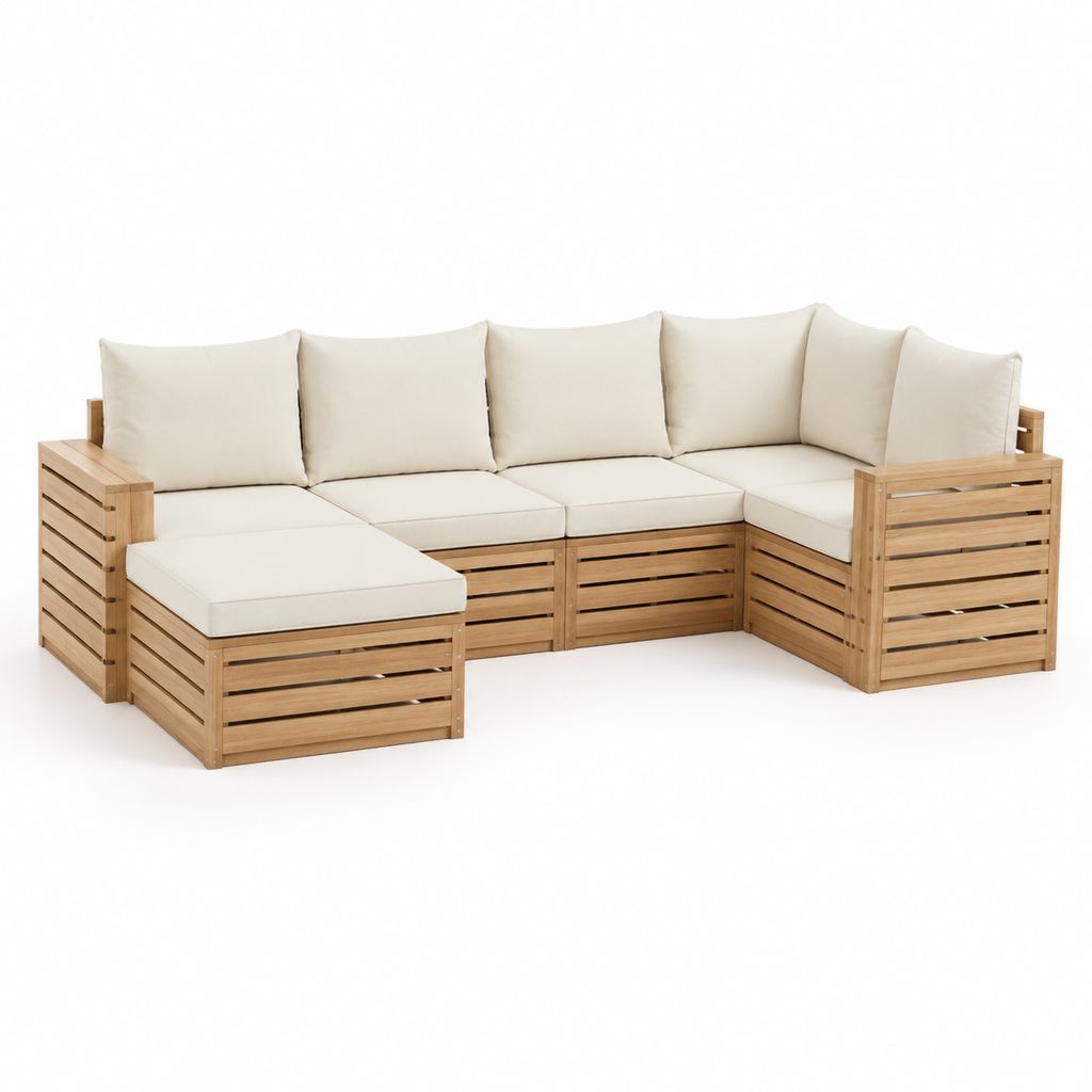 Gartenlounge Ecksofa 5-teilig Natur Akazien-Massivholz Creme Polyester 280 x 210 x 75 cm