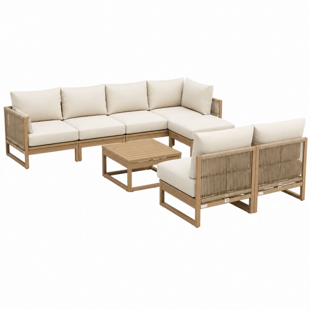 4-teiliges Gartenlounge Set Beige aus Akazienholz mit Polyesterkissen und Couchtisch 290 x 220 cm
