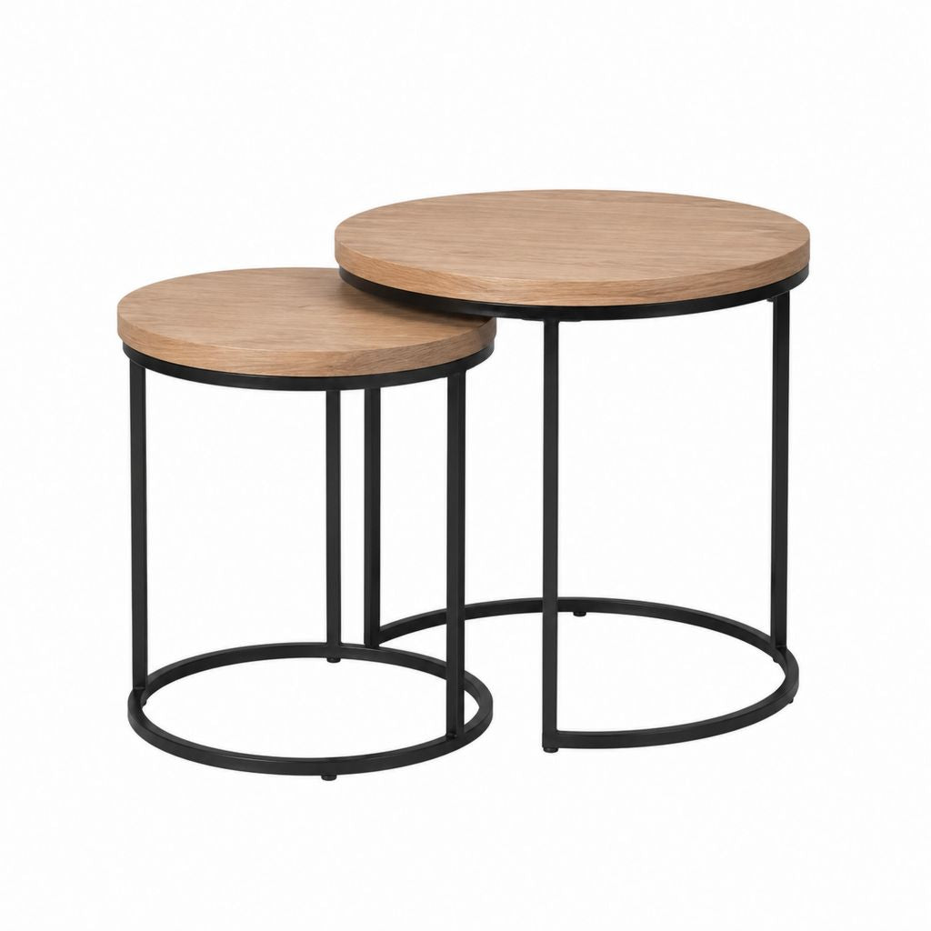2er Set Couchtische Eichefarben MDF rund mit schwarzen Stahlgestellen Ø 70 x 50 cm und Ø 50 x 45 cm