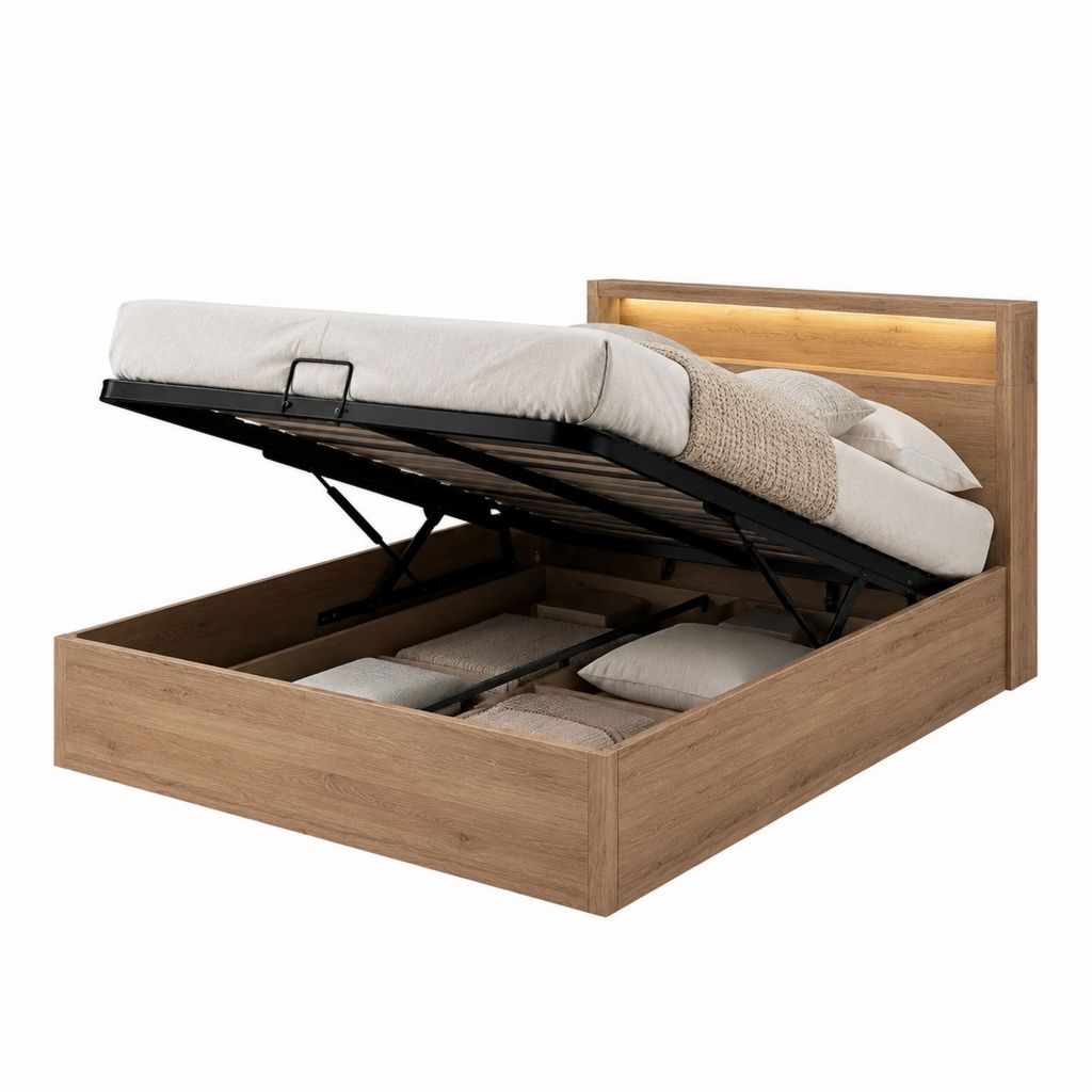 Stauraumbett mit Gasdruckfeder 180 x 200 cm Braun Spanplatte in Eiche-Optik Rechteckig