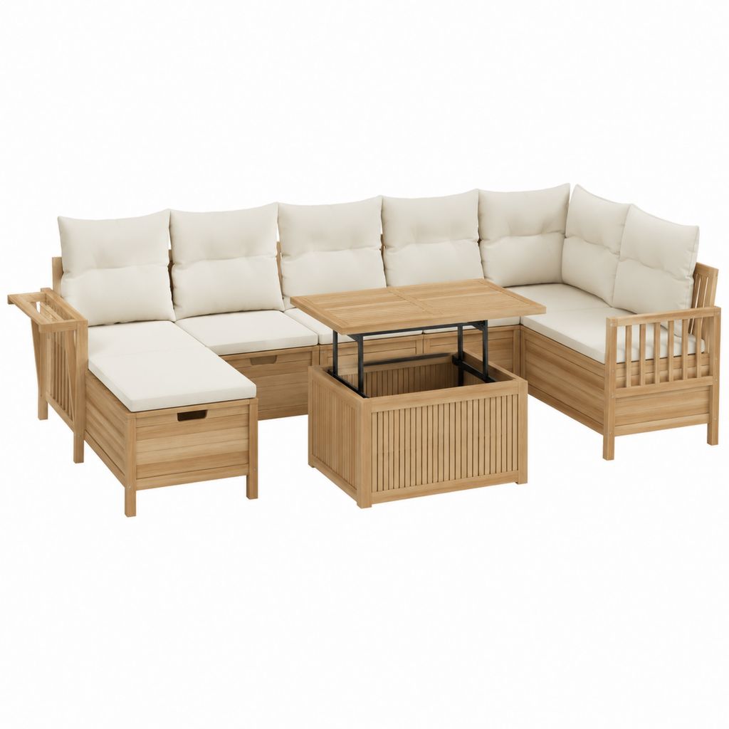 5-teiliges Gartensofa-Set L-förmig aus massivem Akazienholz Natur mit cremefarbenen Polyesterkissen 240 x 240 x 70 cm