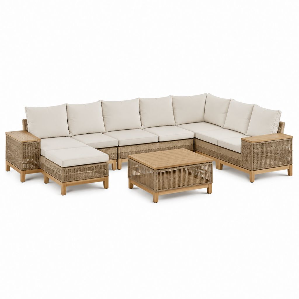 Gartensofa Lounge-Set 7-teilig Beige Braun aus PE-Rattan und Akazienholz mit Couchtisch 370 x 230 cm