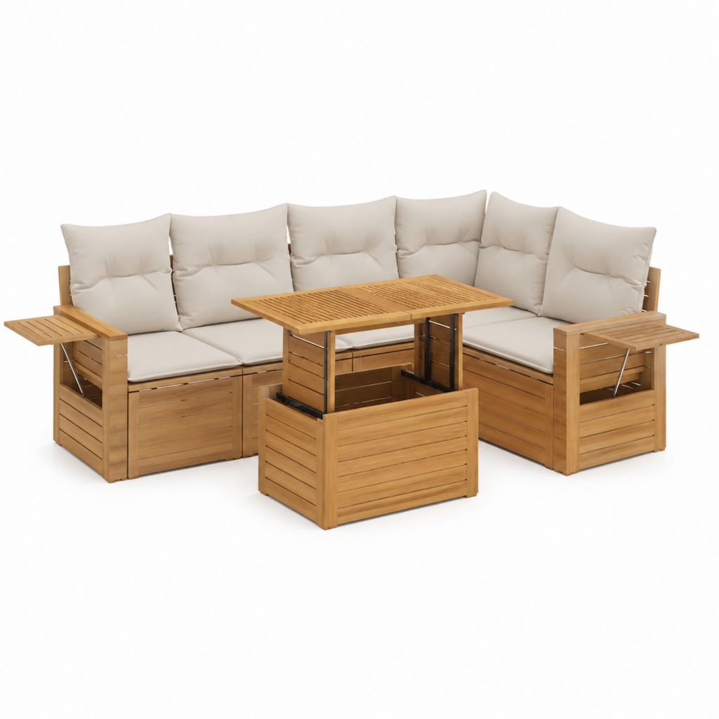 Gartenlounge Ecksofa Set Natur Beige Massives Akazienholz L-Form 220 x 220 cm