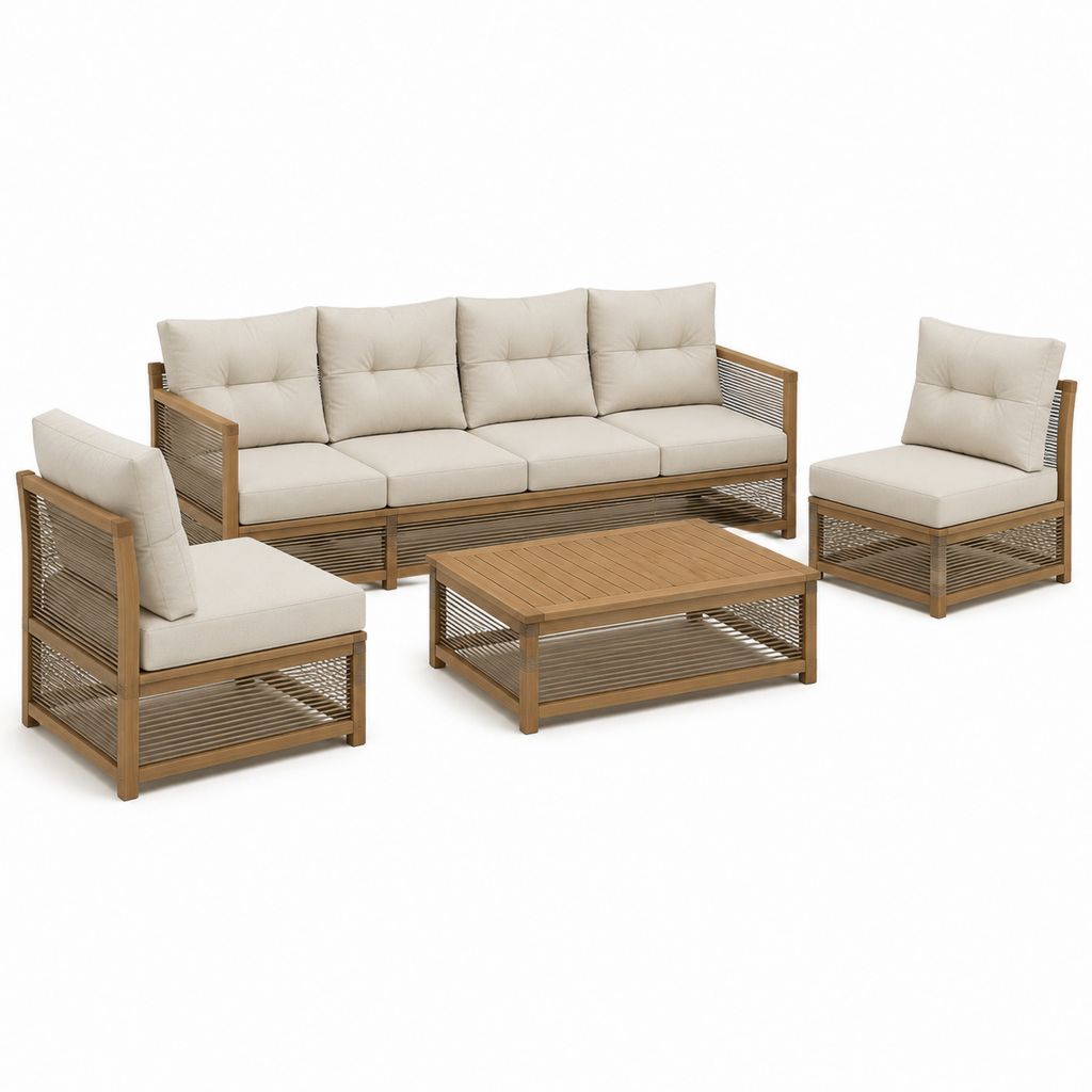 4-teiliges Gartenlounge-Set aus Akazien-Massivholz in Naturbeige mit Seilbespannung und Couchtisch 250 x 80 x 75 cm