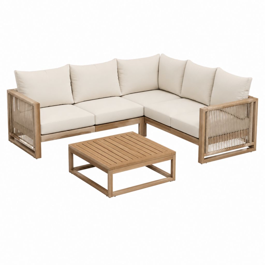 Gartenlounge Ecksofa Set Beige Akazienholz Polyester 218 x 218 x 75 cm mit Couchtisch 100 x 60 x 35 cm