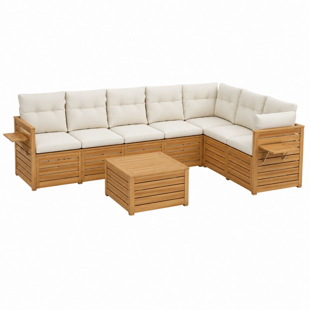 Gartenlounge Ecksofa Set Naturholz Creme mit L-Form 210 x 210 x 70 cm