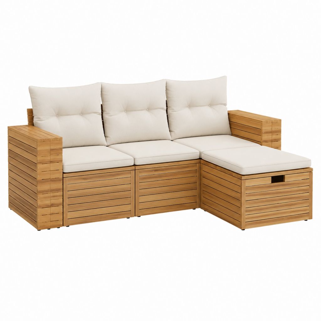 Garten Loungesofa 3-teilig Natur Akazienholz mit cremefarbenen Polyesterkissen L-Form 208 x 138 x 70 cm