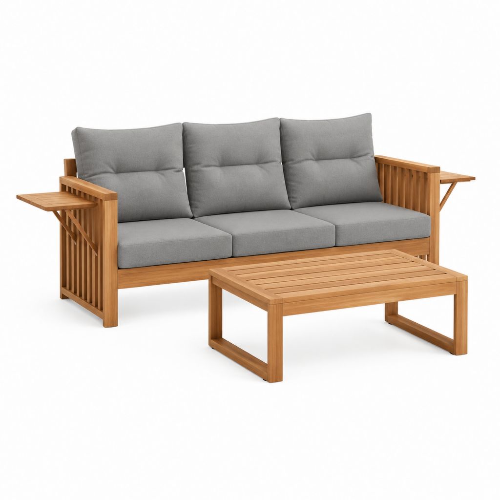 Gartenlounge-Set 2-teilig 3-Sitzer Gartensofa mit Couchtisch Grau Akazienholz Rechteckig 220 x 75 x 78 cm