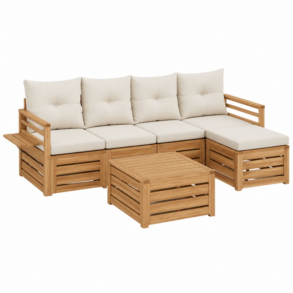Gartenlounge Set aus Akazien-Massivholz natur mit cremefarbenen Polyesterkissen 208 x 208 cm