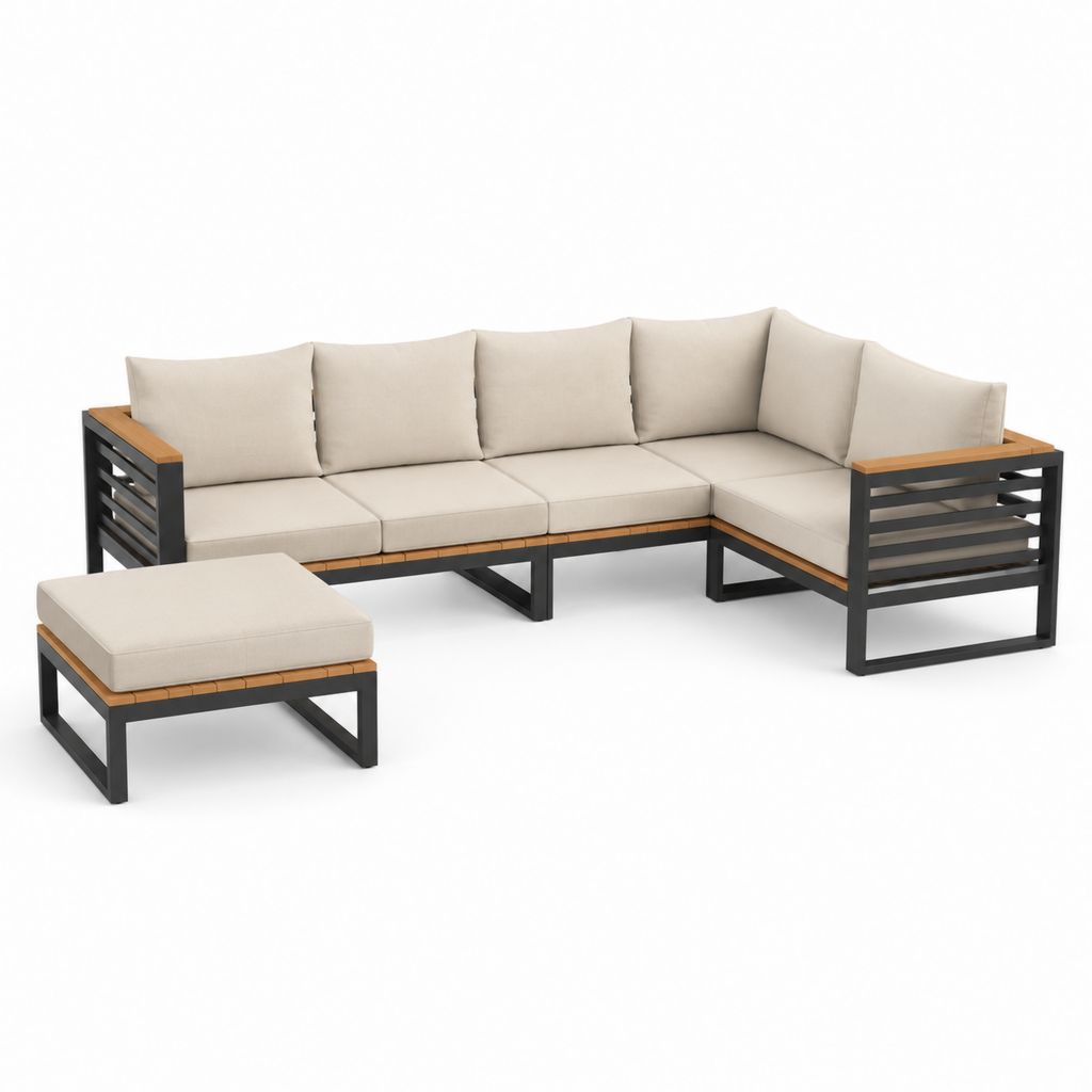 Gartenlounge Ecksofa Set Beige Aluminium Akazienholz 250 x 190 cm mit Hocker