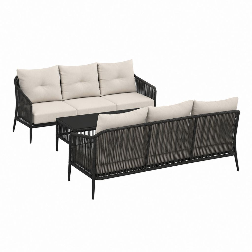 Gartenlounge Set 3-teilig Schwarz Beige Aluminium PE-Seil rechteckig mit 2 Dreisitzer-Sofas 200 x 75 x 75 cm und Tisch 100 x 60 x 42 cm