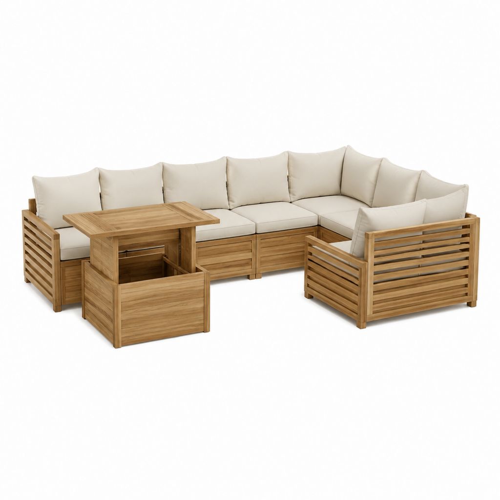 Gartenlounge Set 5-teilig L-Form Natur Akazienholz Creme 220 x 220 cm