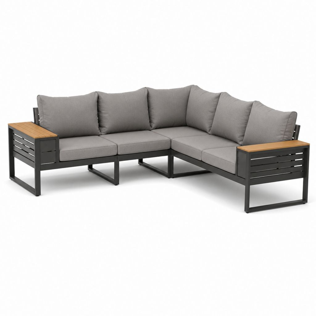 Garten-Ecksofa 3-Sitzer Grau Stahl Akazienholz L-Form 220 x 220 x 72 cm